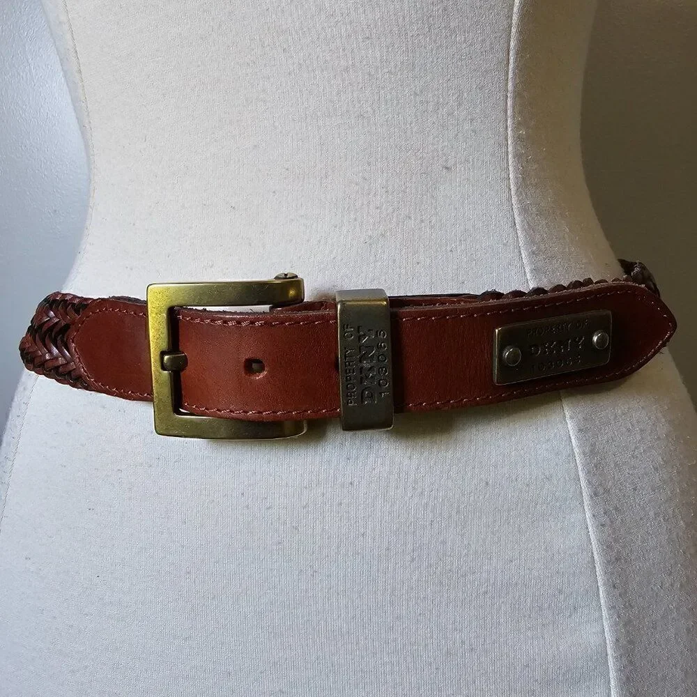 EUC VINTAGE DKNY 103065 BROWN GENUINE LEATHER BRAIDED STAMPED BRASS BELT L WMNS